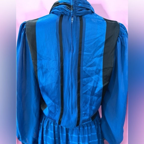1980s Donna Morgan royal blue true vintage satin Career modesty Dress-L - Picture 6 of 14